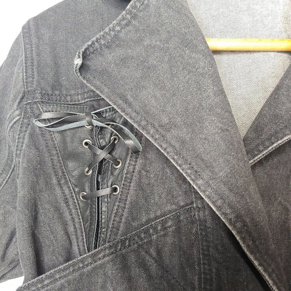 Vintage 80s Paris Express Womens S Denim Jacket Snap V Neck Retro Lace Up Crop - Picture 3 of 9